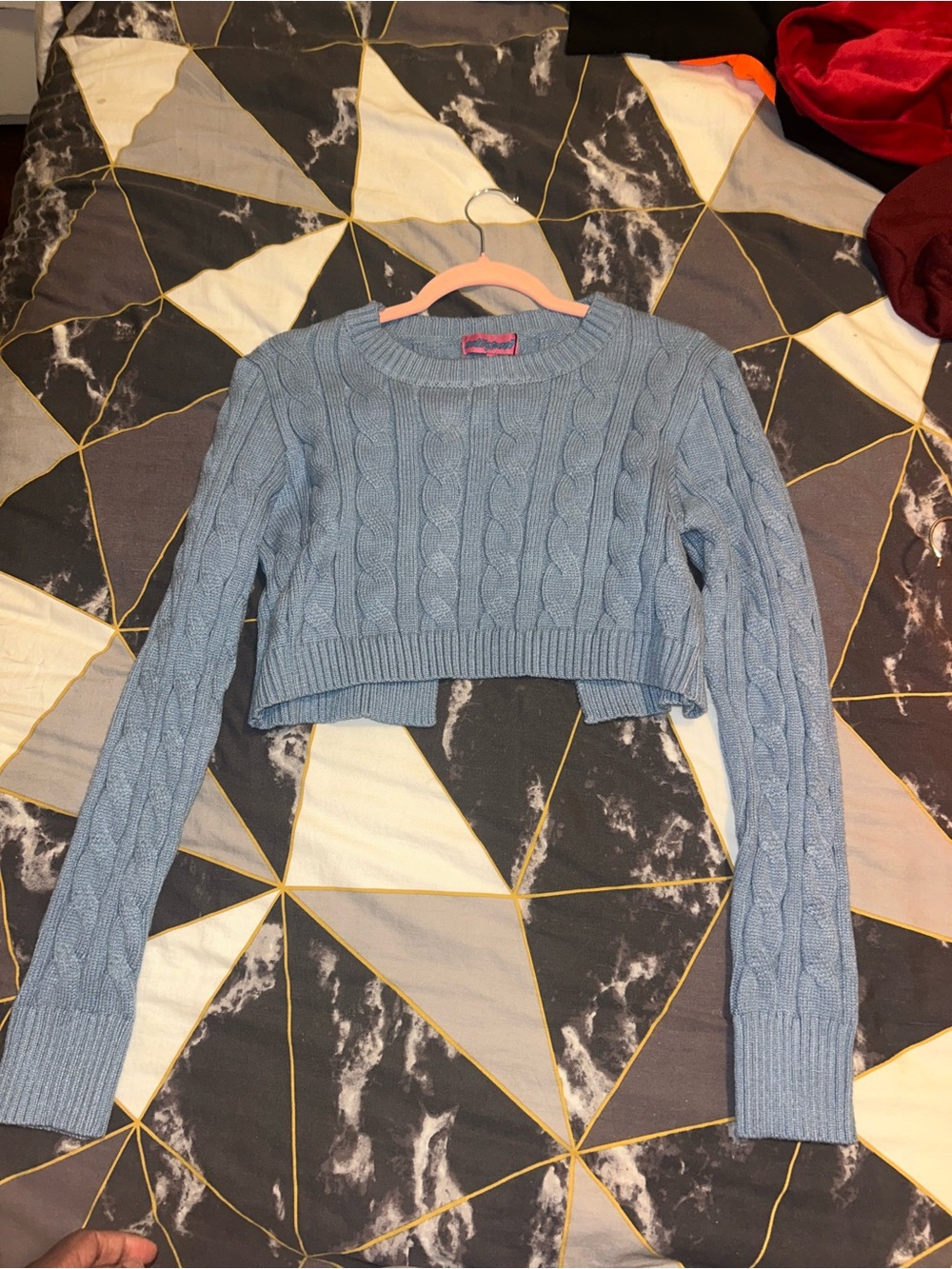 Edikted Light Blue Cable Knit Cropped Crewneck Sweater